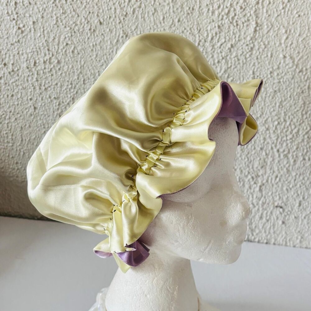 Reversible Satin Sleep Bonnet Hat – Purple & Yellow – Extra Large, Elastic Fit - Picture 12 of 16